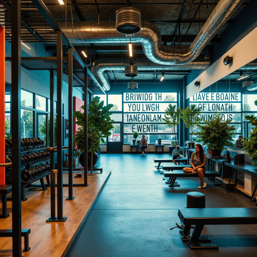 Prompt: Vibrant gym interior, bold color scheme, energetic atmosphere, dynamic lighting, motivational quotes, modern equipment, sleek metal frames, rubber flooring, mirrored walls, industrial-style decor, exposed ductwork, concrete ceilings, natural wood accents, calming blue tones, invigorating green hues, warm beige shades, high-contrast color blocking, 2/3 composition, shallow depth of field, softbox lighting, realistic textures.