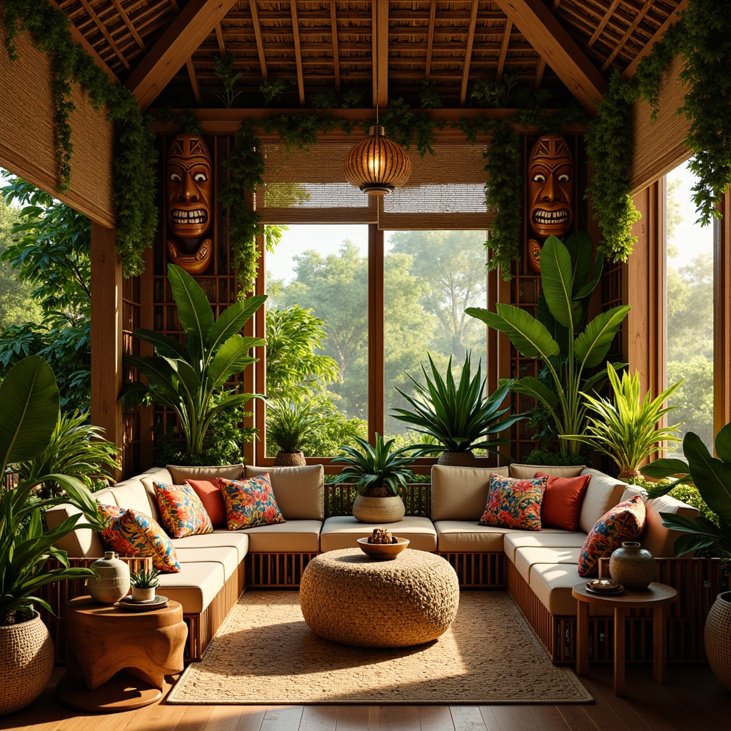 Prompt: Vibrant tropical interior, lush greenery, exotic plants, rattan furniture, natural woven textiles, colorful tiki masks, wooden carvings, shell decorations, coral patterns, ocean-inspired accents, warm golden lighting, soft diffused shadows, shallow depth of field, 1/2 composition, intimate atmosphere, cozy nooks, plush throw pillows, bamboo blinds, woven sea grass mats, ethnic-inspired accessories.