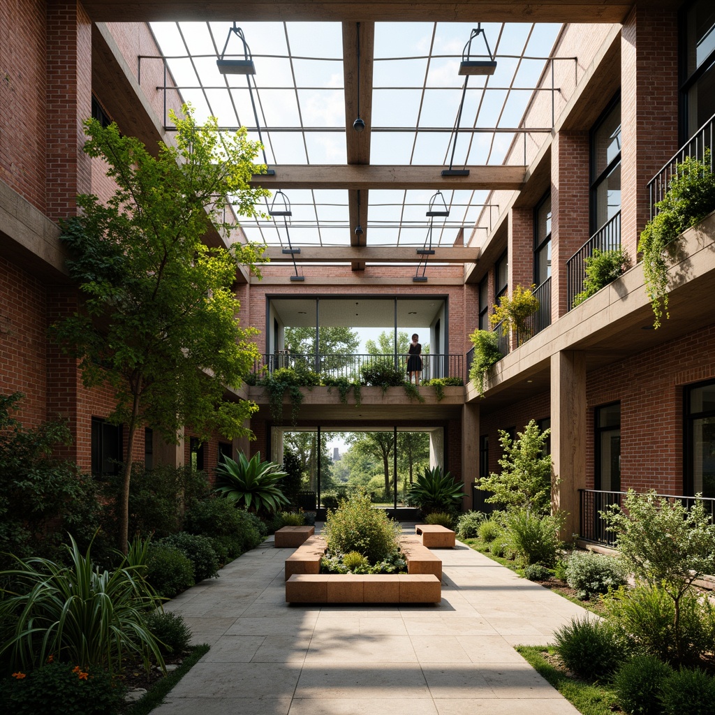 Prompt: Exposed brick walls, lush greenery, industrial metal beams, reclaimed wood accents, abundant natural light, large skylights, clerestory windows, rough-hewn stone floors, earthy color palette, organic textures, brutalist architectural style, minimalist decor, potted plants, hanging vines, tropical flowers, misting system, soft warm lighting, shallow depth of field, 1/1 composition, realistic render, ambient occlusion.