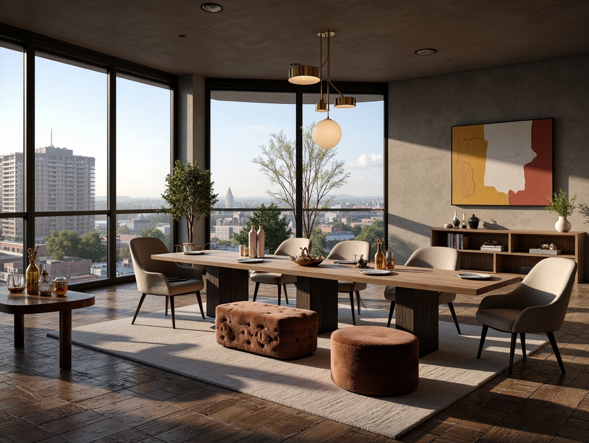 Prompt: Modern dining room, sleek furniture, minimalist decor, luxurious fabrics, velvet upholstery, metallic accents, abstract artwork, floor-to-ceiling windows, natural light, urban cityscape view, industrial chic, reclaimed wood flooring, geometric patterned rugs, plush throw pillows, statement lighting fixtures, ambient warm glow, 3/4 composition, realistic textures, soft focus blur.