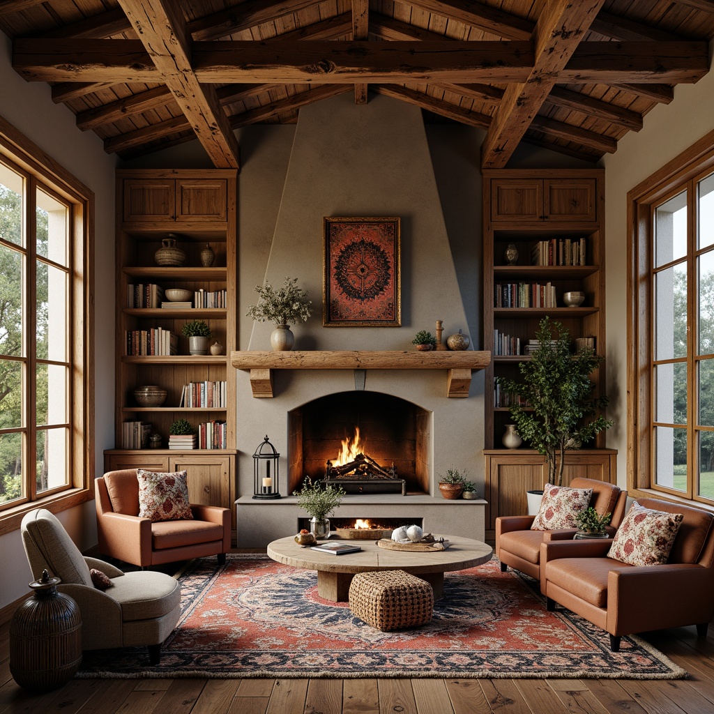 Prompt: Rustic farmhouse, wooden accents, vintage metalware, distressed finishes, earthy color palette, natural textiles, floral patterns, wooden beams, stone fireplaces, cozy reading nooks, plush armchairs, warm candlelight, soft warm lighting, shallow depth of field, 3/4 composition, panoramic view, realistic textures, ambient occlusion.