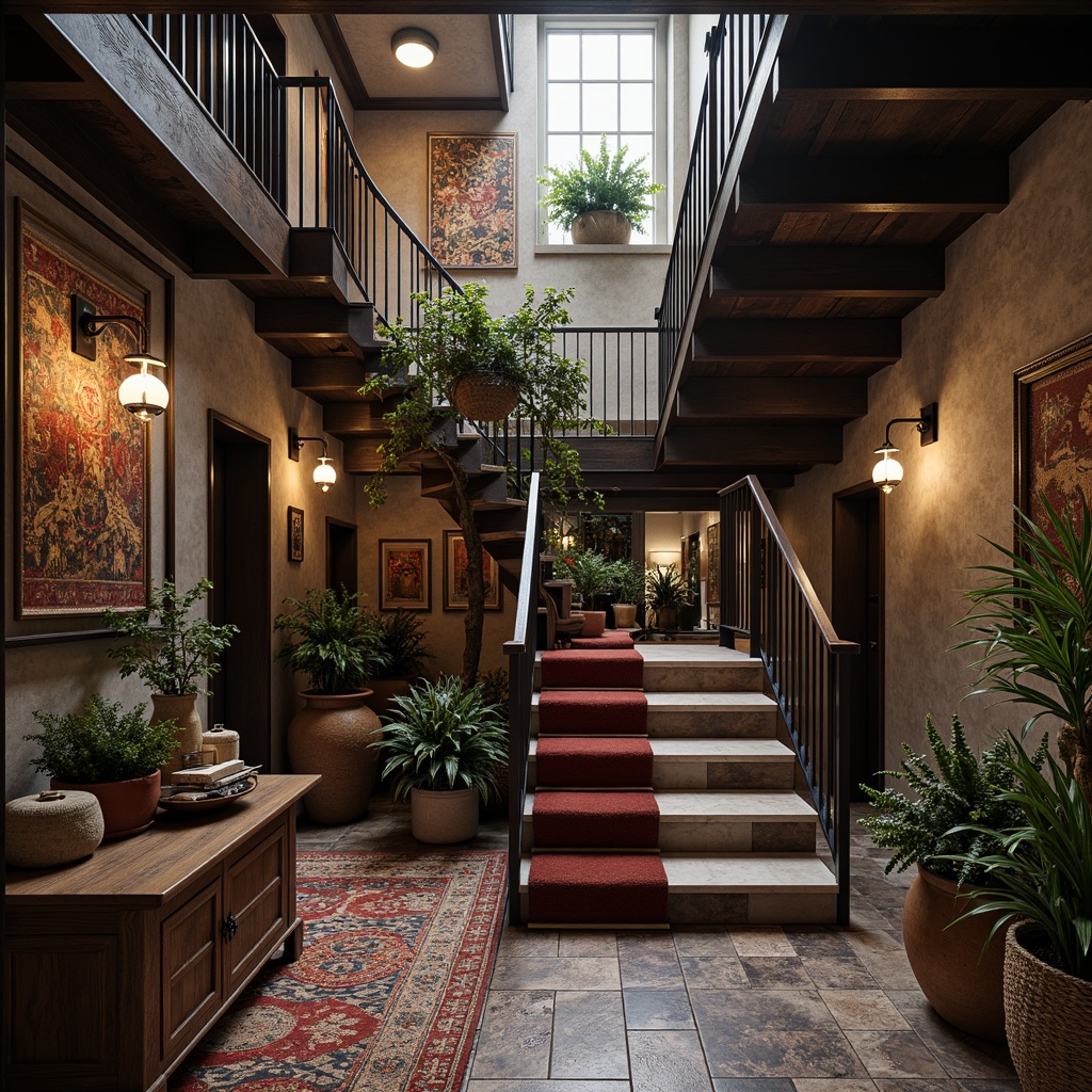 Prompt: Whimsical staircase, eclectic mix of textures, distressed wooden steps, ornate metal railings, velvet-covered banisters, reclaimed wood accents, industrial-chic steel beams, polished marble landings, plush carpeted floors, natural fiber rugs, woven basket-inspired details, richly patterned tapestries, bold geometric tile work, moody lighting, dramatic shadows, atmospheric misting effects, cinematic 3/4 composition, detailed close-up shots, realistic material renderings.