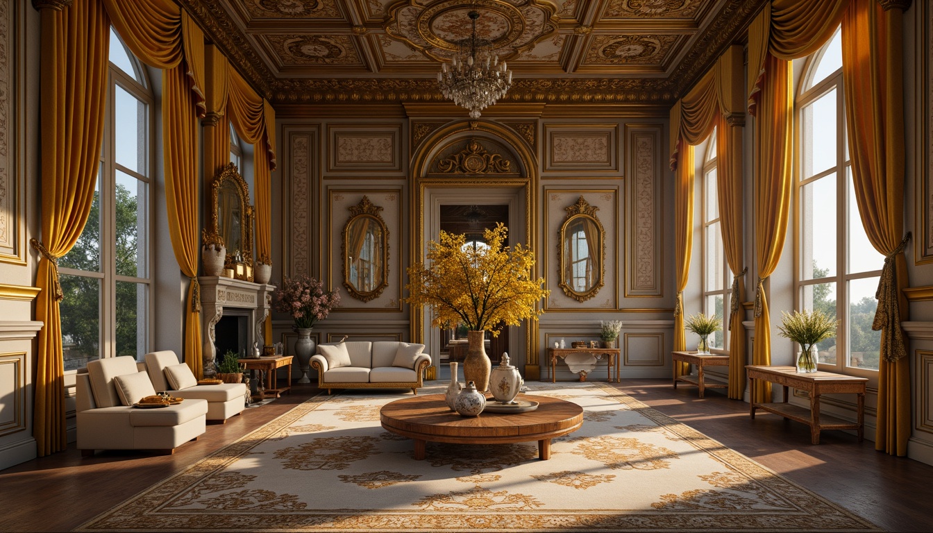 Prompt: Intricate golden filigree, ornate velvet drapes, delicate porcelain vases, lavish silk fabrics, richly carved wooden panels, gilded mirror frames, soft warm candlelight, subtle gradient maps, high-frequency details, realistic material wear, French Renaissance inspirations, opulent decorative accents, whimsical shell motifs, creamy ivory tones, intricate lace patterns, ornate metalwork, dramatic chiaroscuro, 1/2 composition, atmospheric perspective.