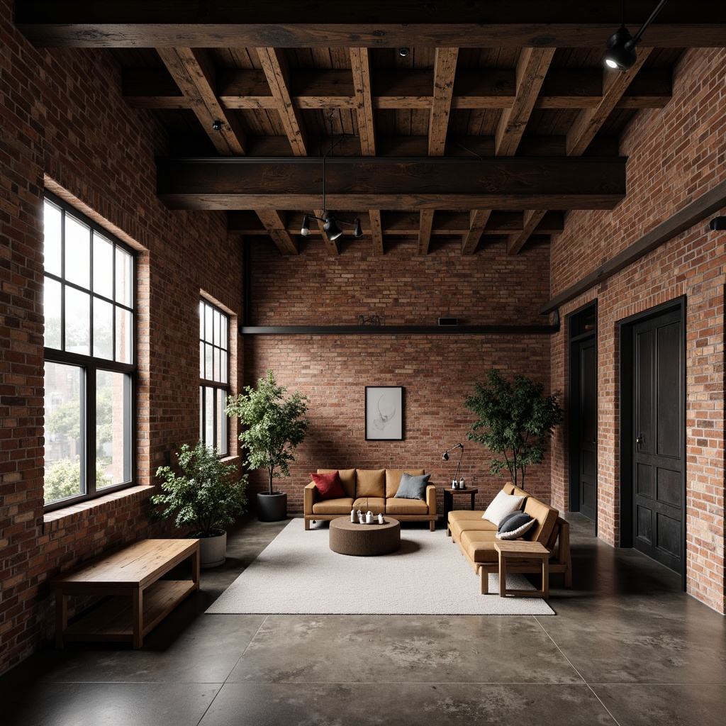 Prompt: Exposed brick walls, rough-hewn wooden beams, polished concrete floors, distressed metal accents, industrial-style lighting fixtures, reclaimed wood planks, matte black steel frames, minimalist decor, urban loft atmosphere, high ceilings, functional pipes, raw unfinished textures, monochromatic color palette, dramatic shadows, low-key warm lighting, 1/1 composition, cinematic mood, gritty realistic rendering.