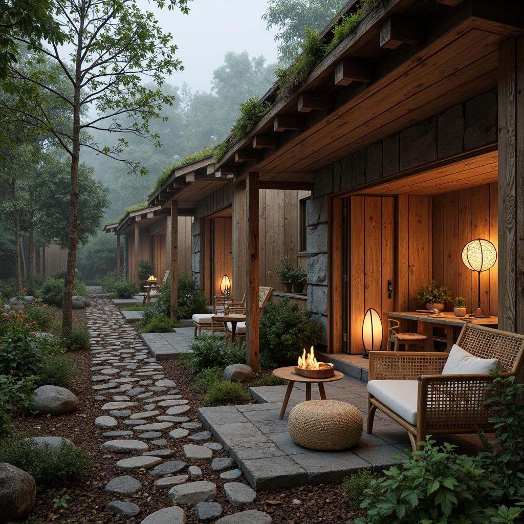 Prompt: Rustic wooden cabins, natural stone walls, earthy tones, woven bamboo furniture, reclaimed wood accents, organic textures, hand-hewn logs, rough-hewn stones, moss-covered roofs, overhanging eaves, lantern-style lighting, soft warm glow, misty forest surroundings, lush greenery, serene atmosphere, 1/1 composition, shallow depth of field, realistic rendering.