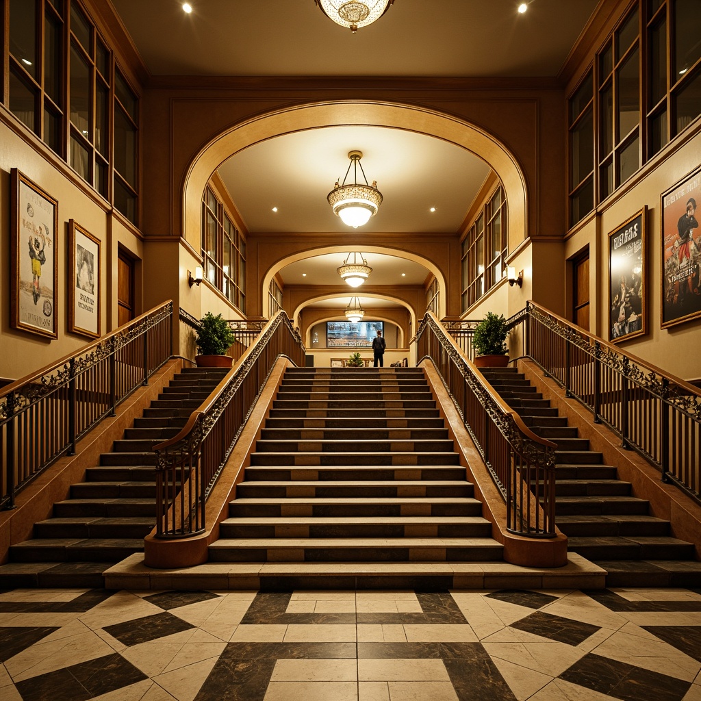 Prompt: Art Deco metro station, grand staircase, ornate metal railings, luxurious marble flooring, geometric patterned tiles, metallic accents, warm golden lighting, high ceilings, ornamental chandeliers, vintage advertisements, retro-style signage, nostalgic ambiance, shallow depth of field, 1/2 composition, low-angle shot, cinematic atmosphere.