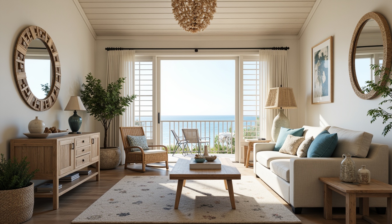 Prompt: \Coastal home interior, beach-inspired furniture, driftwood finishes, ocean-blue accents, natural textiles, woven wicker chairs, rustic wooden tables, nautical-themed decor, coral-patterned rugs, sea-glass vases, shell-adorned mirrors, light-filled rooms, airy ambiance, soft beige walls, white shutter windows, sliding glass doors, seaside views, sunny day, gentle ocean breeze, 1/1 composition, shallow depth of field, realistic textures.\Please let me know if this meets your requirements!