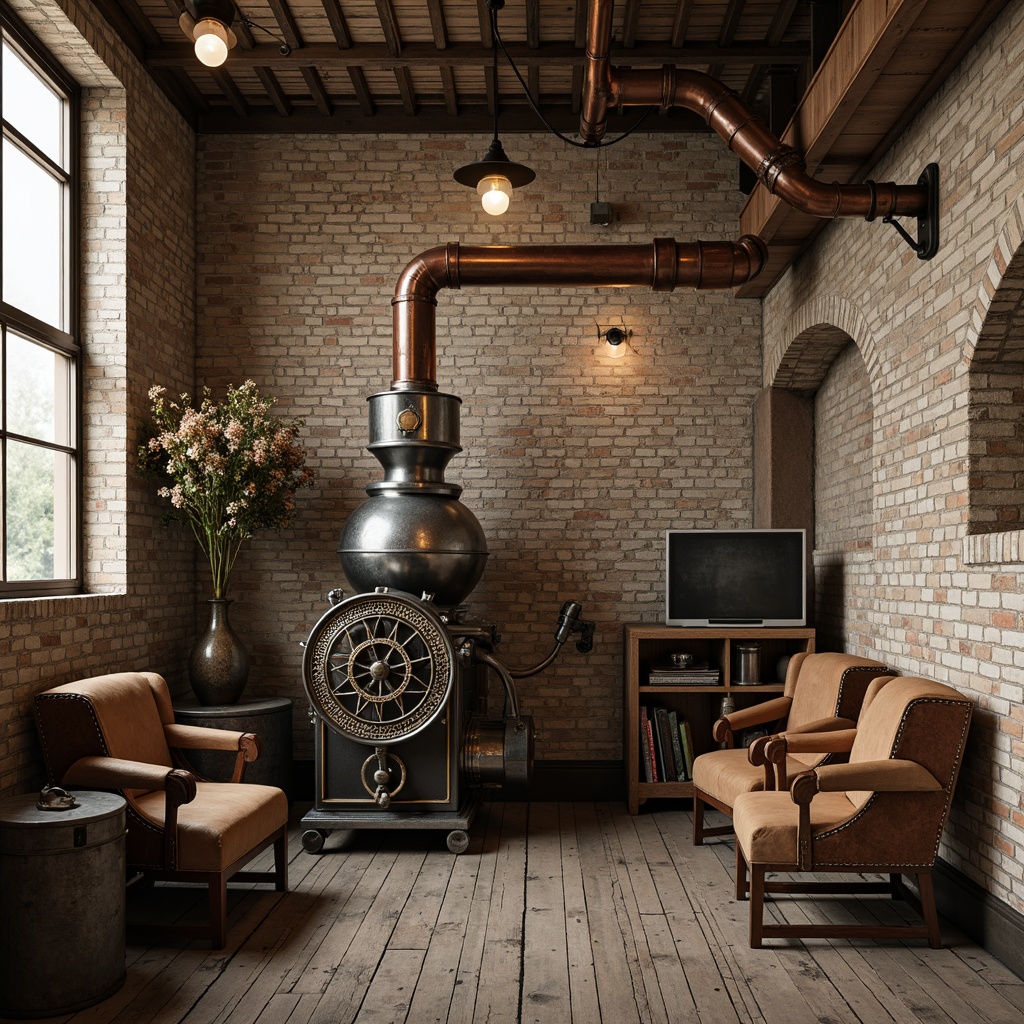 Prompt: Vintage industrial machinery, distressed brick walls, worn wooden floors, metal beams, exposed ductwork, neutral beige tones, muted earthy shades, rich brown leather accents, polished copper fixtures, ornate metal filigree, soft warm lighting, high contrast ratio, dramatic shadows, 2/3 composition, realistic textures, ambient occlusion.