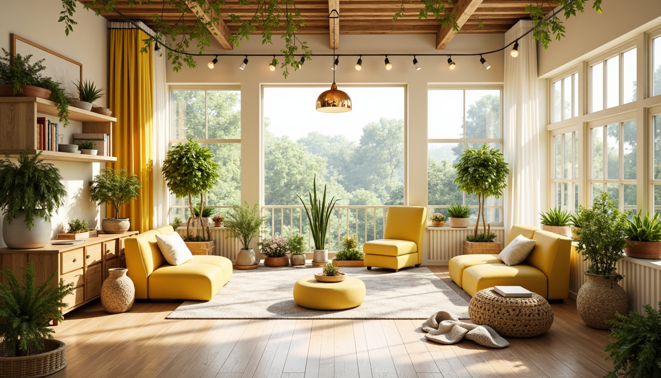 Prompt: Vibrant yellow accents, soft peach tones, calming light blue hues, warm creamy whites, lush greenery, natural wood textures, playful polka dots, whimsical florals, delicate lace patterns, airy open spaces, abundant sunlight, warm golden lighting, shallow depth of field, 1/1 composition, panoramic view, realistic textures, ambient occlusion.