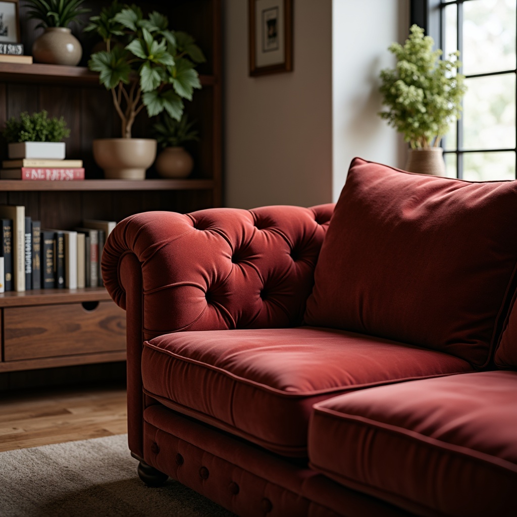 Prompt: Plush velvet sofa, soft cushioning, ergonomic design, luxurious fabric textures, rich jewel tones, tufted buttons, rolled arms, wooden legs, Scandinavian-inspired aesthetic, cozy reading nook, warm ambient lighting, shallow depth of field, 1/1 composition, realistic material rendering.