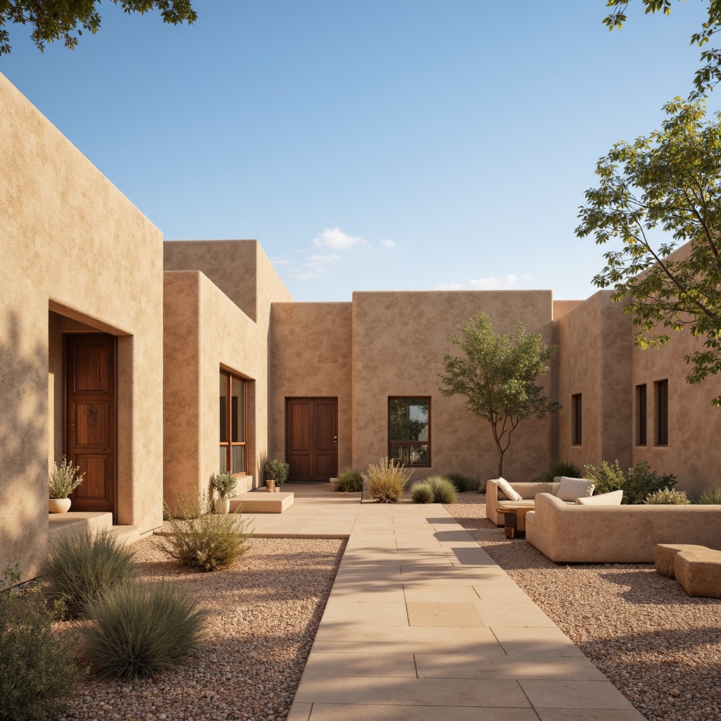 Prompt: Earthy rammed earth walls, natural textures, organic forms, rustic charm, warm beige tones, rough-hewn surfaces, irregular patterns, handcrafted details, eco-friendly materials, sustainable construction methods, Southwestern-inspired architecture, adobe-style buildings, desert landscape, cacti plants, clear blue sky, warm sunny day, soft diffused lighting, shallow depth of field, 3/4 composition, realistic textures, ambient occlusion.