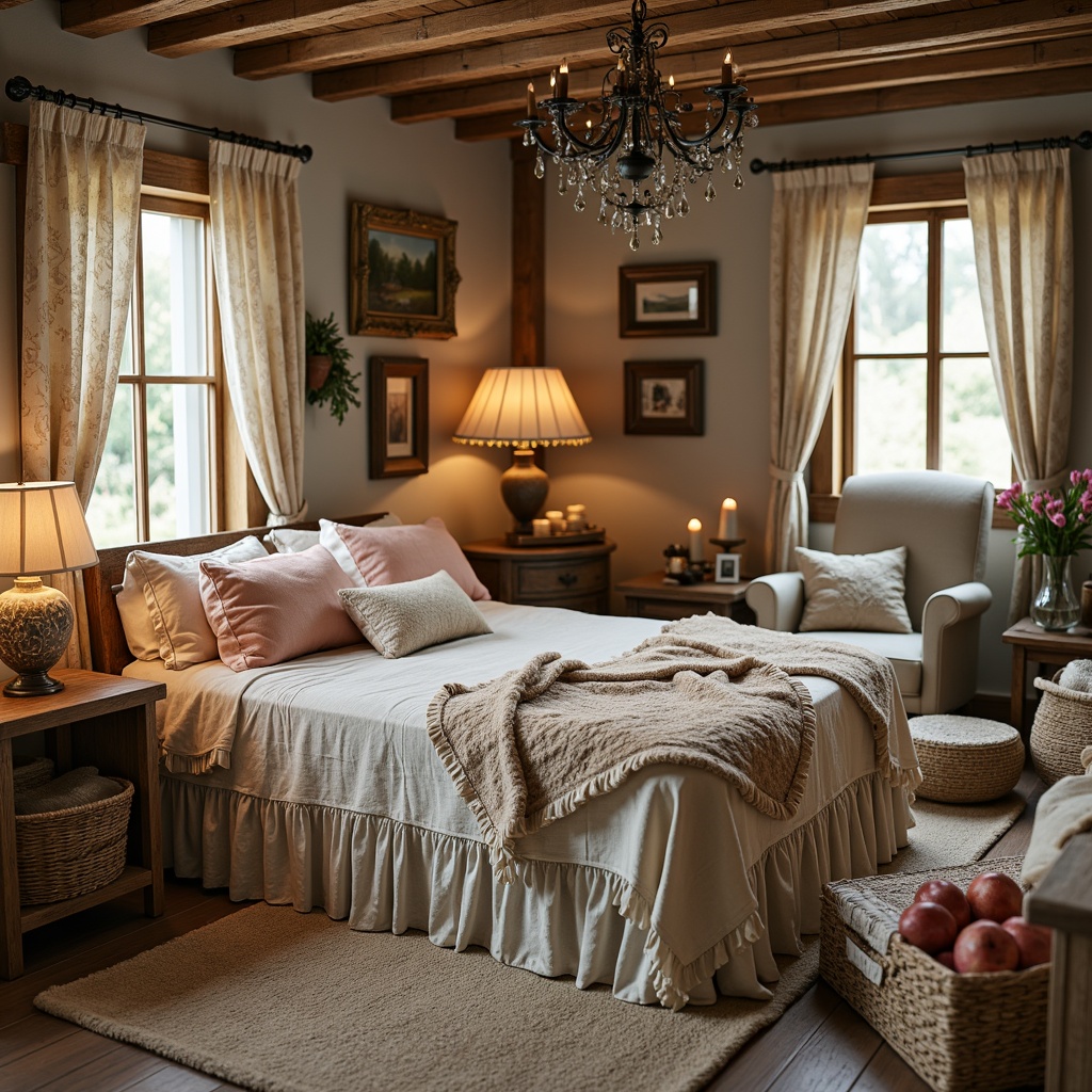 Prompt: Rustic cottage, distressed wood furniture, vintage floral patterns, soft peach tones, cream-colored lace, ruffled fabrics, linen textures, natural fiber blends, chunky woven baskets, warm beige hues, candlelit ambiance, cozy throw blankets, plush pillows, velvet drapes, antique furniture pieces, ornate metal frames, aged wooden floorboards, muted pastel colors, romantic lighting, shallow depth of field, 1/1 composition, warm soft focus.