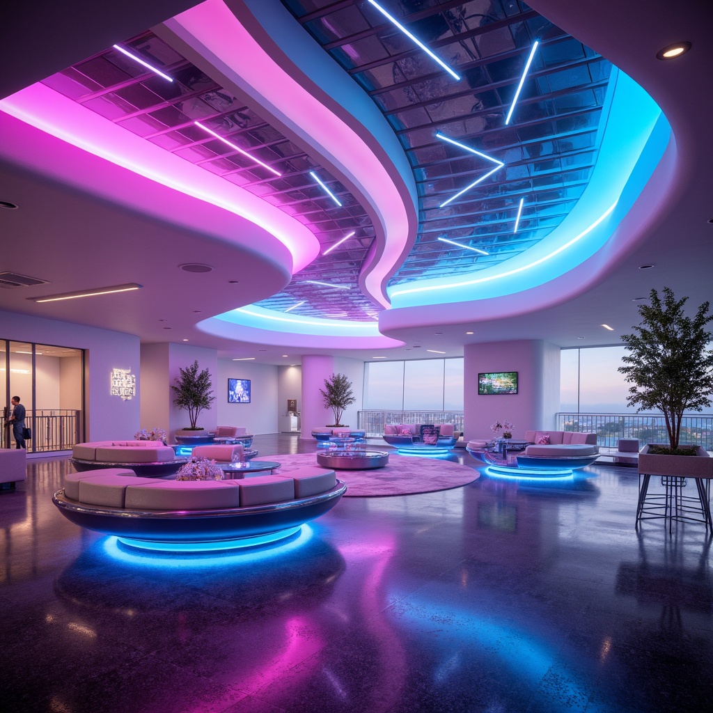 Prompt: Futuristic pavilion interior, vibrant neon lights, iridescent hues, holographic accents, metallic surfaces, sleek minimalistic design, curvaceous lines, futuristic furniture, translucent glass tables, LED floor lighting, ambient glow, softbox illumination, shallow depth of field, 1/1 composition, symmetrical framing, realistic reflections, atmospheric fog effect.