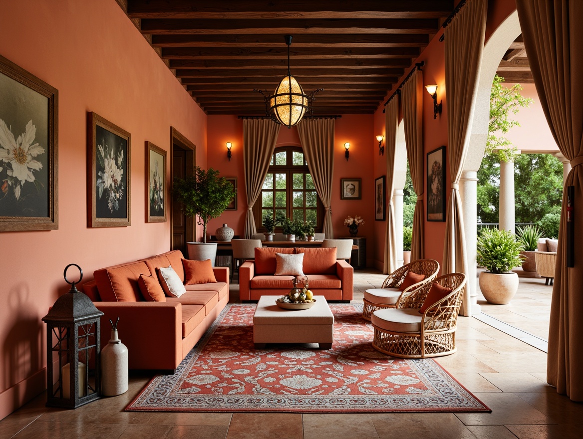 Prompt: Vibrant Mediterranean-inspired interior, richly textured fabrics, distressed wood accents, ornate ceramics, natural stone flooring, earthy terracotta hues, soft warm lighting, plush velvet sofas, intricately patterned rugs, elegant drapery, sheer curtains, rustic metal lanterns, woven wicker furniture, organic linen textiles, embossed leather armchairs, subtle Moroccan tilework, sun-kissed color palette, airy open spaces, 3/4 composition, soft focus, warm atmospheric lighting.