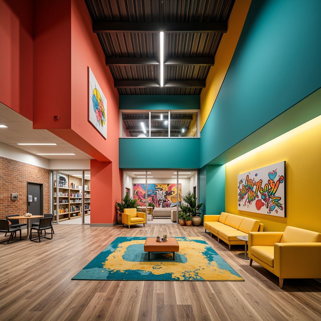 Prompt: Vibrant youth center, energetic atmosphere, bold color blocks, bright coral walls, lively turquoise accents, playful yellow furniture, modern minimalist decor, sleek metal fixtures, natural wood textures, urban graffiti-inspired murals, eclectic patterned rugs, cozy reading nooks, warm LED lighting, shallow depth of field, 1/1 composition, realistic textures, ambient occlusion.