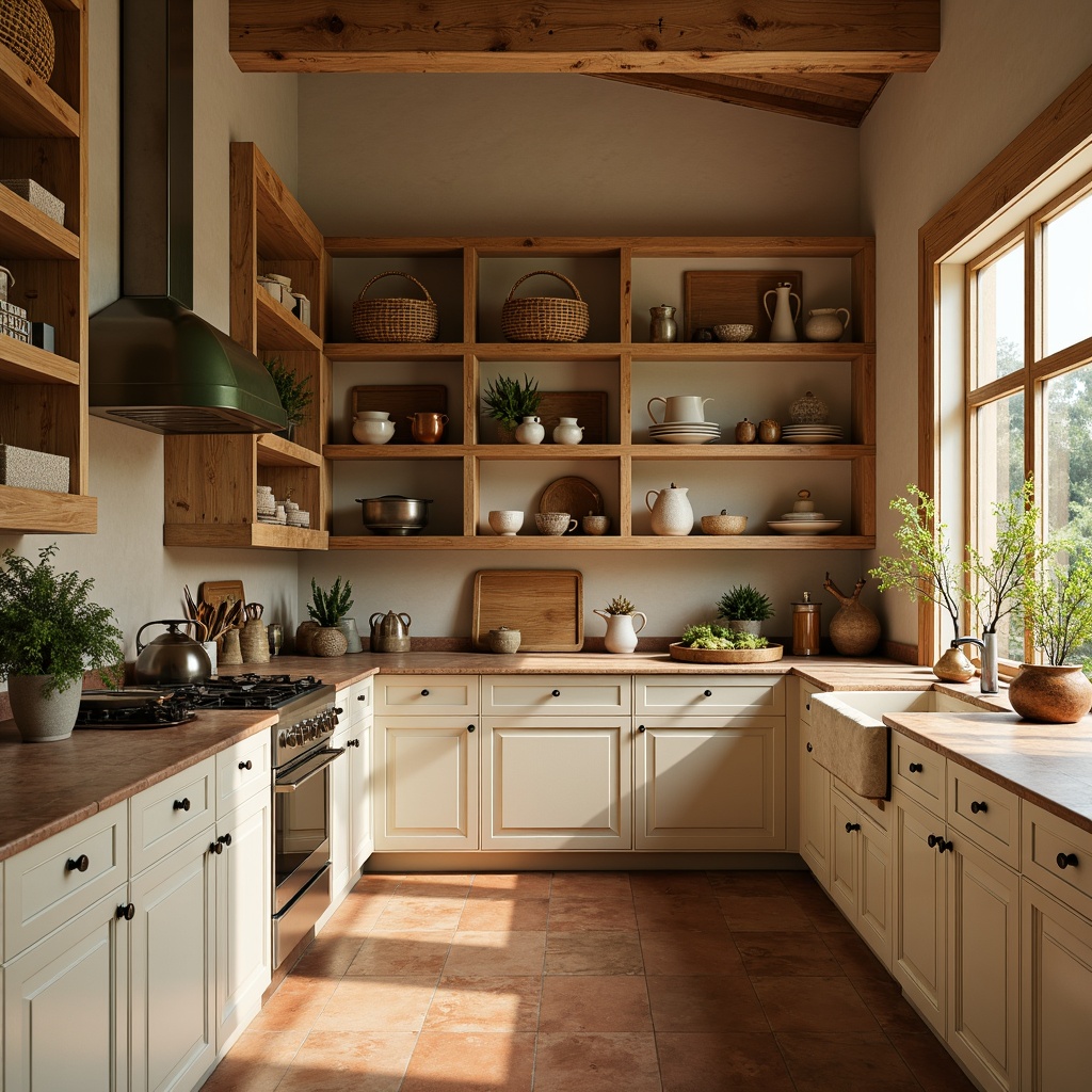 Prompt: Cozy pantry interior, warm beige walls, rich wooden shelves, soft cream cabinets, calming green accents, earthy terracotta floor tiles, natural stone countertops, woven rattan baskets, vintage metal utensils, rustic ceramic jars, ambient warm lighting, shallow depth of field, 1/1 composition, realistic textures, subtle shadowing.