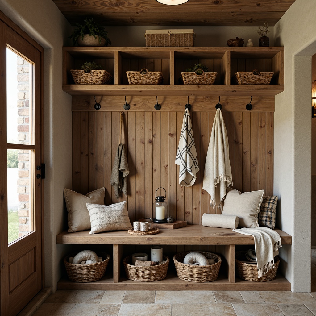 Prompt: Rustic mudroom, wooden bench seating, distressed finishes, natural textiles, woven baskets, vintage metal hooks, earthy color palette, stone flooring, reclaimed wood accents, cozy throw blankets, lantern-style lighting, warm ambiance, shallow depth of field, 1/1 composition, soft focus, realistic textures.