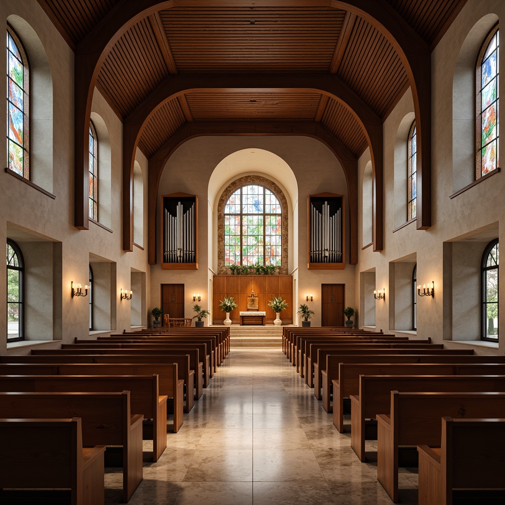 Prompt: Contemporary church interior, vaulted ceilings, stained glass windows, warm ambient lighting, softbox lights, LED candles, subtle color temperatures, minimalist pews, sleek wooden accents, polished marble floors, dramatic vertical beams, natural stone walls, grand organ pipes, spiritual ambiance, soft shadows, high contrast ratios, 1/2 composition, warm white light, subtle gradations, realistic materials, ambient occlusion.