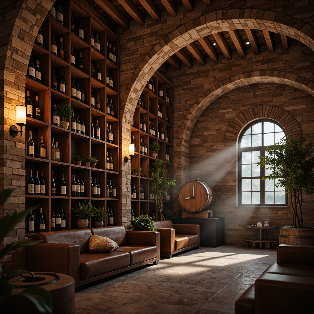 Prompt: Rustic wooden wine racks, earthy stone walls, dimmed warm lighting, rich wood tones, vintage metal lanterns, natural brick arches, ornate ironwork, distressed leather furnishings, elegant wooden barrels, ambient soft glow, shallow depth of field, 1/2 composition, realistic textures, atmospheric fog effect.