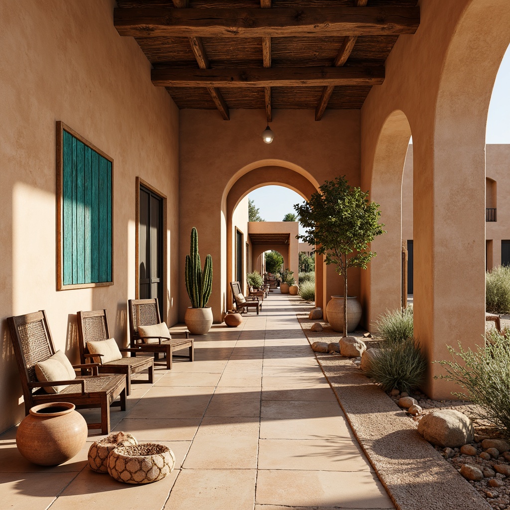 Prompt: Adobe earth tones, rustic stucco walls, wooden accents, ornate metalwork, vibrant turquoise, terracotta pottery, woven textiles, geometric patterns, Spanish-inspired arches, wooden beams, earthenware tiles, desert flora, sandy dunes, cacti, warm sunny day, soft warm lighting, shallow depth of field, 3/4 composition, panoramic view, realistic textures, ambient occlusion.