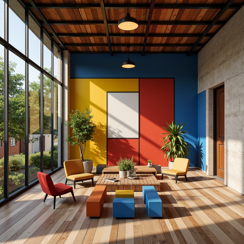 Prompt: Vibrant pavilion interior, bold Bauhaus style, geometric shapes, primary color accents, natural materials, reclaimed wood flooring, industrial metal beams, minimalist decor, functional furniture, pops of bright yellow, deep blue, and fiery red, contrasting textures, smooth concrete walls, matte black metal frames, warm task lighting, soft ambient glow, 1/1 composition, symmetrical arrangement, modernist aesthetic, eclectic decorative accents.