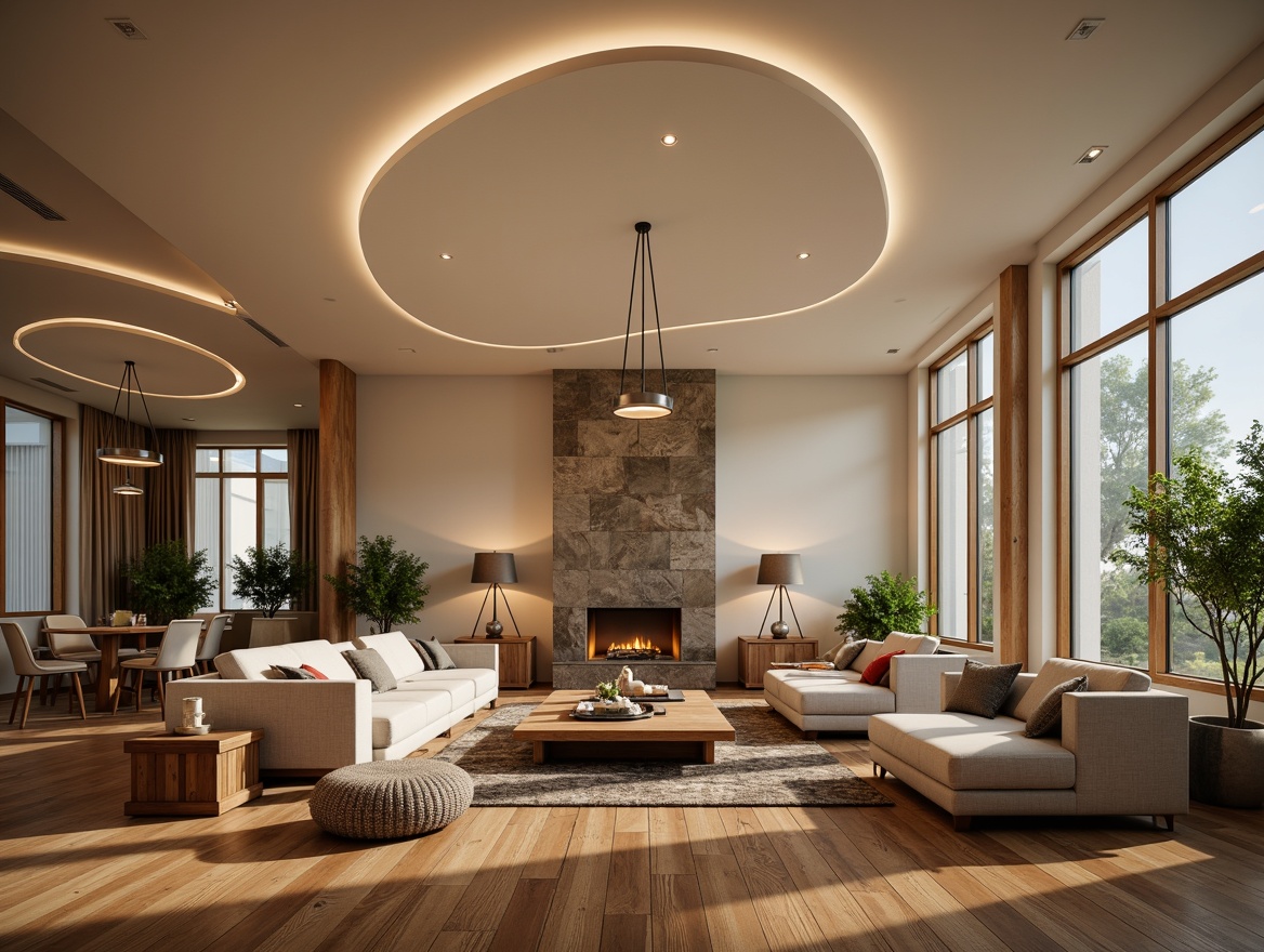 Prompt: Sophisticated living room, comfortable seating area, warm ambient lighting, suspended LED ceiling fixtures, minimalist floor lamps, metallic accents, creamy white walls, polished wood flooring, plush throw blankets, vibrant greenery, natural stone fireplace, cozy reading nook, soft warm glow, shallow depth of field, 1/1 composition, realistic textures, ambient occlusion.