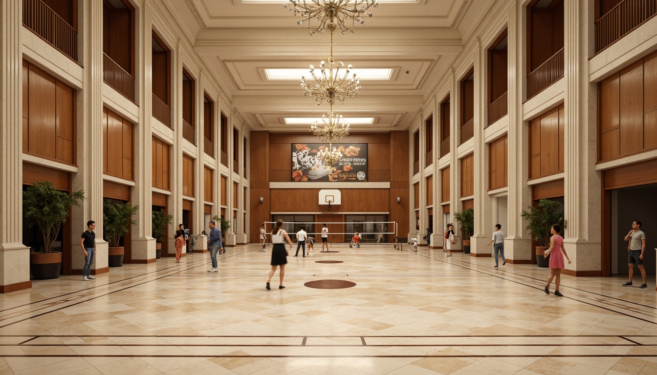 Prompt: Marble flooring, grand neoclassical architecture, ornate columns, vaulted ceilings, sweeping archways, regal chandeliers, rich wood paneling, athletic equipment, basketball courts, volleyball nets, exercise machines, mirrored walls, motivational quotes, natural stone accents, warm beige tones, soft ambient lighting, shallow depth of field, 1/1 composition, realistic textures, subtle grain effects.