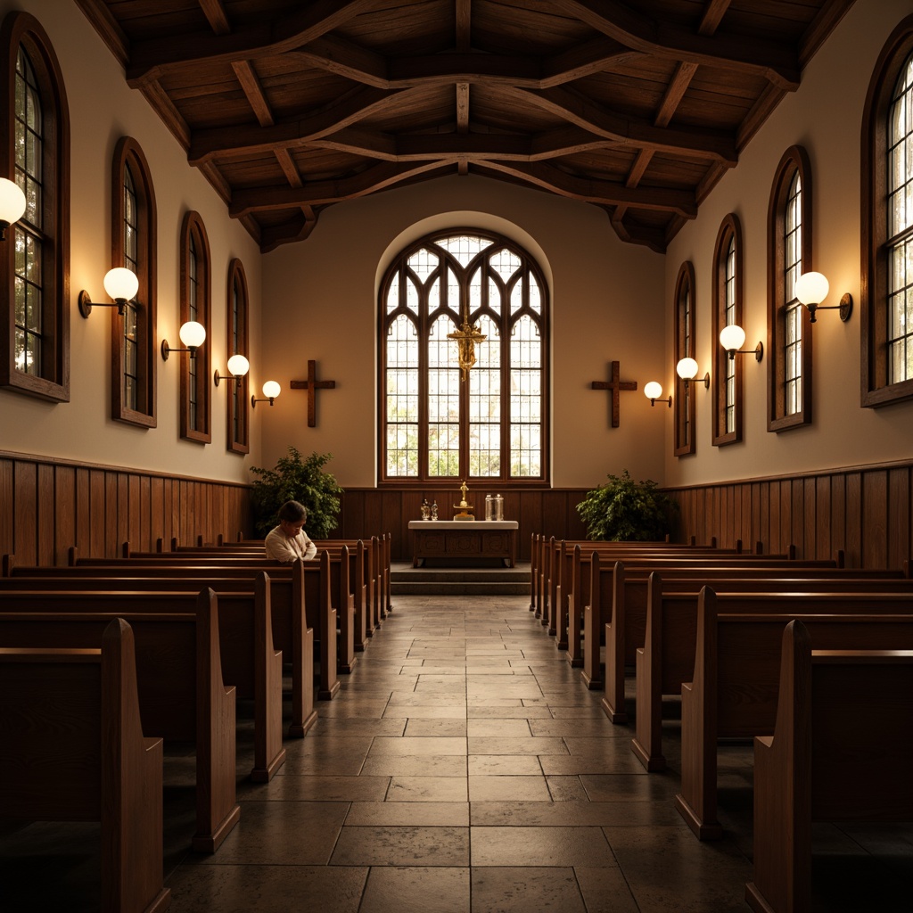 Prompt: Intimate worship space, wooden pews, stained glass windows, high ceilings, reverberant acoustics, sound-absorbing materials, optimal speaker placement, clear audio clarity, warm ambient lighting, subtle color palette, natural stone flooring, minimalist decor, prayerful atmosphere, soft warm glow, shallow depth of field, 1/2 composition, realistic textures, ambient occlusion.