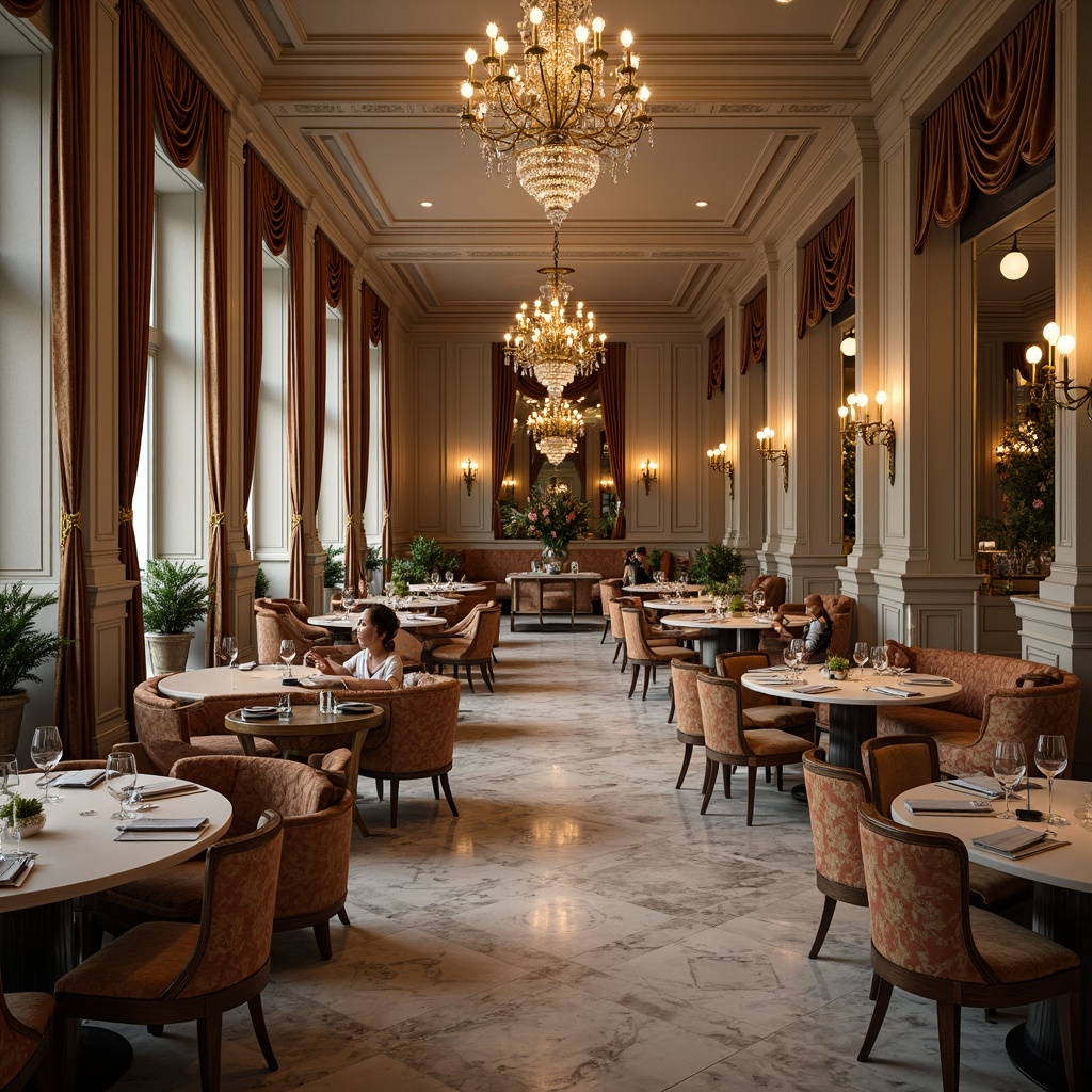 Prompt: Elegant dining room, neoclassical style furniture, intricately carved wooden chairs, upholstered sofas with subtle patterns, richly textured velvet drapes, ornate crystal chandeliers, polished marble floors, ornamental mirrors, classical columns, symmetrical layout, soft warm lighting, 1/1 composition, shallow depth of field, realistic textures, ambient occlusion.