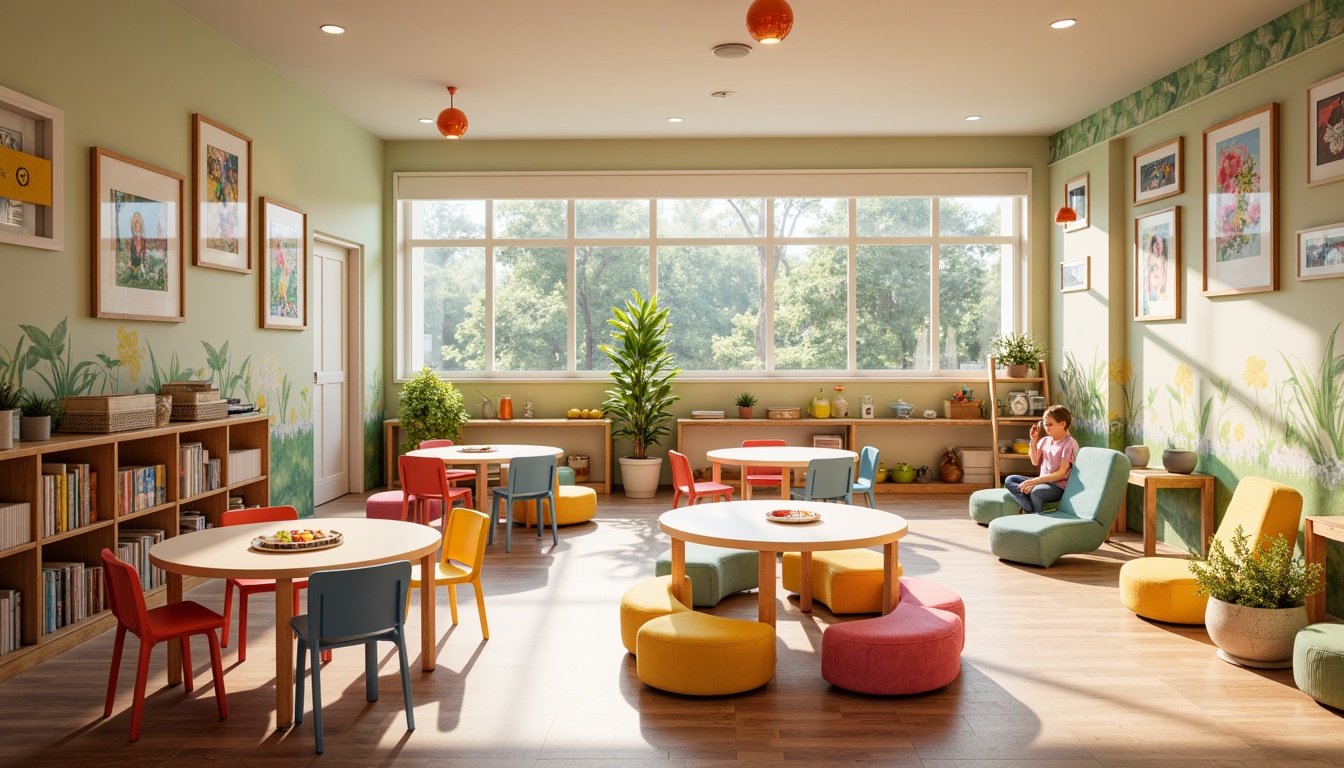 Prompt: Vibrant kindergarten interior, soft warm lighting, natural daylight, circular tables, colorful chairs, educational decorations, whimsical murals, playful textures, pastel color scheme, indirect overhead lighting, floor lamps, table lamps, cozy reading nooks, gentle shadows, 1/2 composition, shallow depth of field, realistic renderings, ambient occlusion.