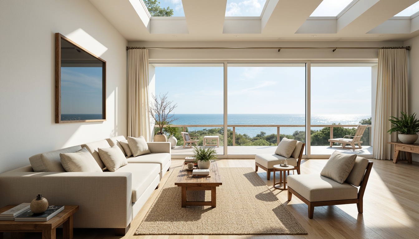 Prompt: Coastal living room, large windows, sliding glass doors, ocean views, natural textiles, driftwood accents, sea-inspired color palette, soft creamy whites, calming blues, sandy neutrals, woven seagrass rugs, reclaimed wood furniture, minimal ornamentation, airy open spaces, reflective surfaces, clerestory windows, skylights, indirect sunlight, warm ambient lighting, 1/2 composition, shallow depth of field, realistic textures.