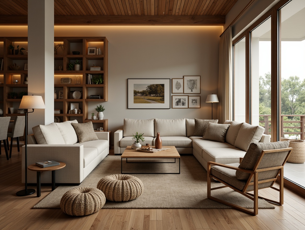 Prompt: Cozy living room, plush sofas, ergonomic chairs, wooden coffee tables, soft cushions, warm lighting, natural textiles, woven baskets, minimalist decor, functional storage units, sleek metal frames, comfortable pillows, calming color schemes, serene ambiance, shallow depth of field, 1/1 composition, realistic wood grains, subtle shadows, ambient occlusion.