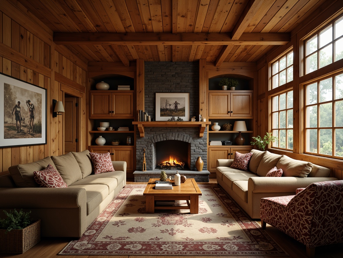 Prompt: Cozy living room, wooden accents, rustic woodwork, exposed beams, natural textures, earthy tones, warm lighting, plush furnishings, vintage decorations, Craftsman style furniture, wooden cabinets, handcrafted details, ornate carvings, rich wood grains, inviting atmosphere, soft focus, shallow depth of field, 1/2 composition, warm color palette, ambient occlusion.