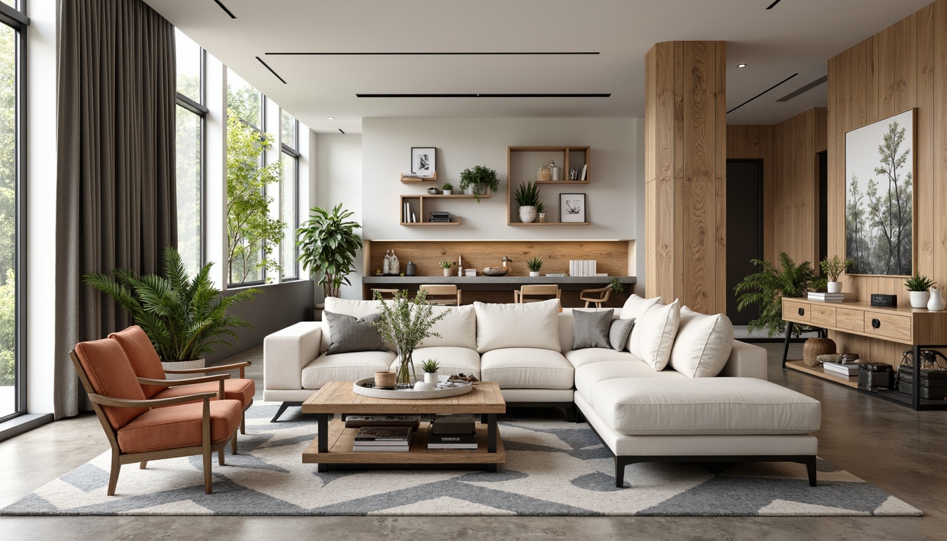 Prompt: Modern living room, sleek low-profile sofa, comfortable accent chairs, minimalist coffee table, industrial metal legs, reclaimed wood shelves, geometric patterned rug, natural stone flooring, floor-to-ceiling windows, abundant natural light, soft warm glow, 1/1 composition, realistic textures, ambient occlusion.