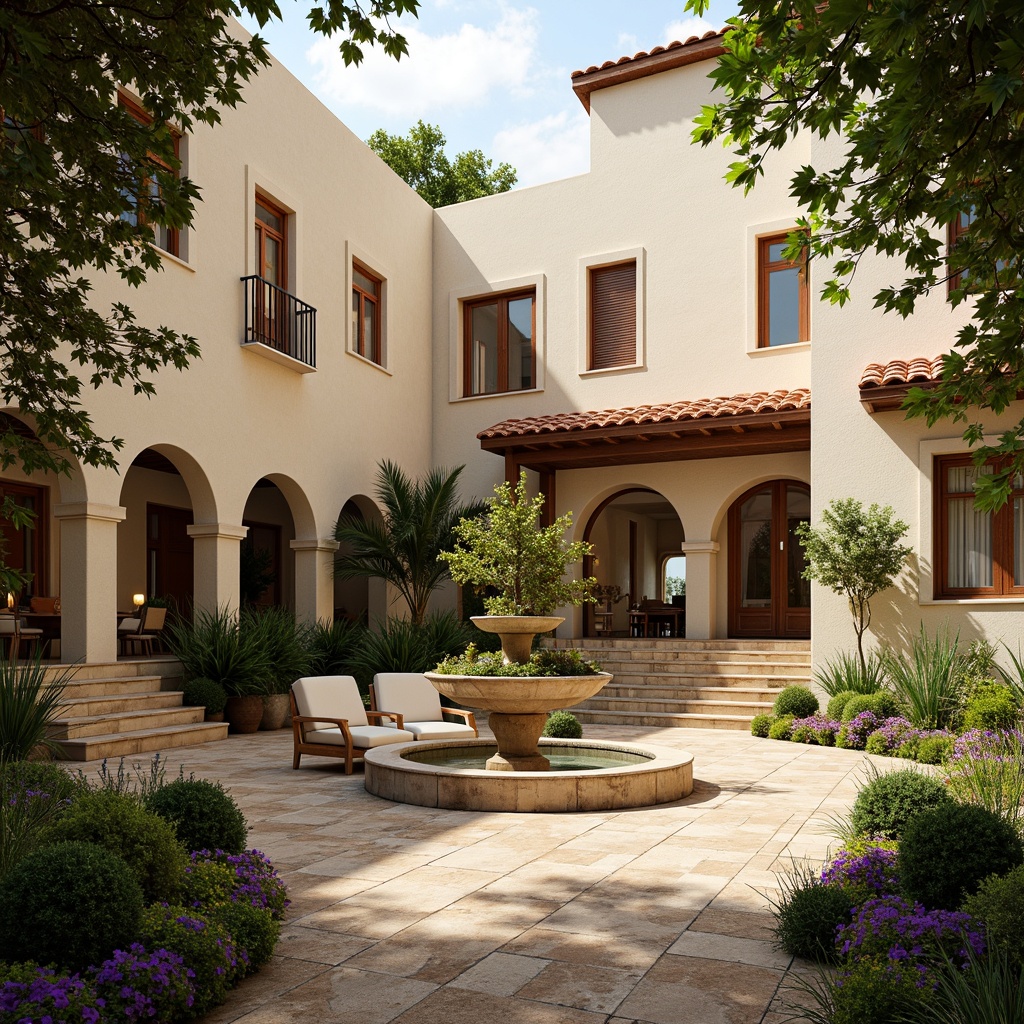 Prompt: Warm Mediterranean courtyard, lush greenery, vibrant flowers, ornate fountains, elegant archways, rustic stone walls, cream-colored stucco buildings, red-tiled roofs, wooden shutters, wrought-iron balconies, airy open spaces, natural light-filled atriums, modern minimalist furniture, comfortable seating areas, soft warm lighting, shallow depth of field, 3/4 composition, panoramic view, realistic textures, ambient occlusion.