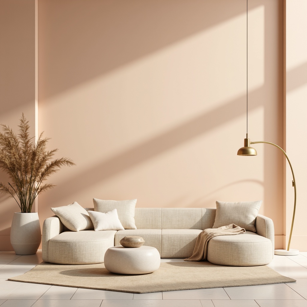 Prompt: Soft peach tones, creamy whites, warm beige hues, rich walnut accents, subtle gold highlights, natural linen textures, elegant minimalist design, serene atmosphere, soft diffused lighting, shallow depth of field, 1/1 composition, realistic renderings, ambient occlusion.