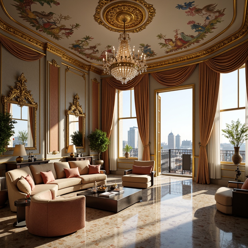 Prompt: Luxurious penthouse, ornate gold leafing, delicate filigree patterns, lavish furnishings, velvet drapes, crystal chandeliers, marble floors, intricate moldings, soft pastel hues, whimsical frescoes, curved lines, ornamental mirrors, gilded accents, rich tapestries, opulent textures, French windows, Juliet balconies, cityscape views, warm golden lighting, shallow depth of field, 1/1 composition, realistic reflections.