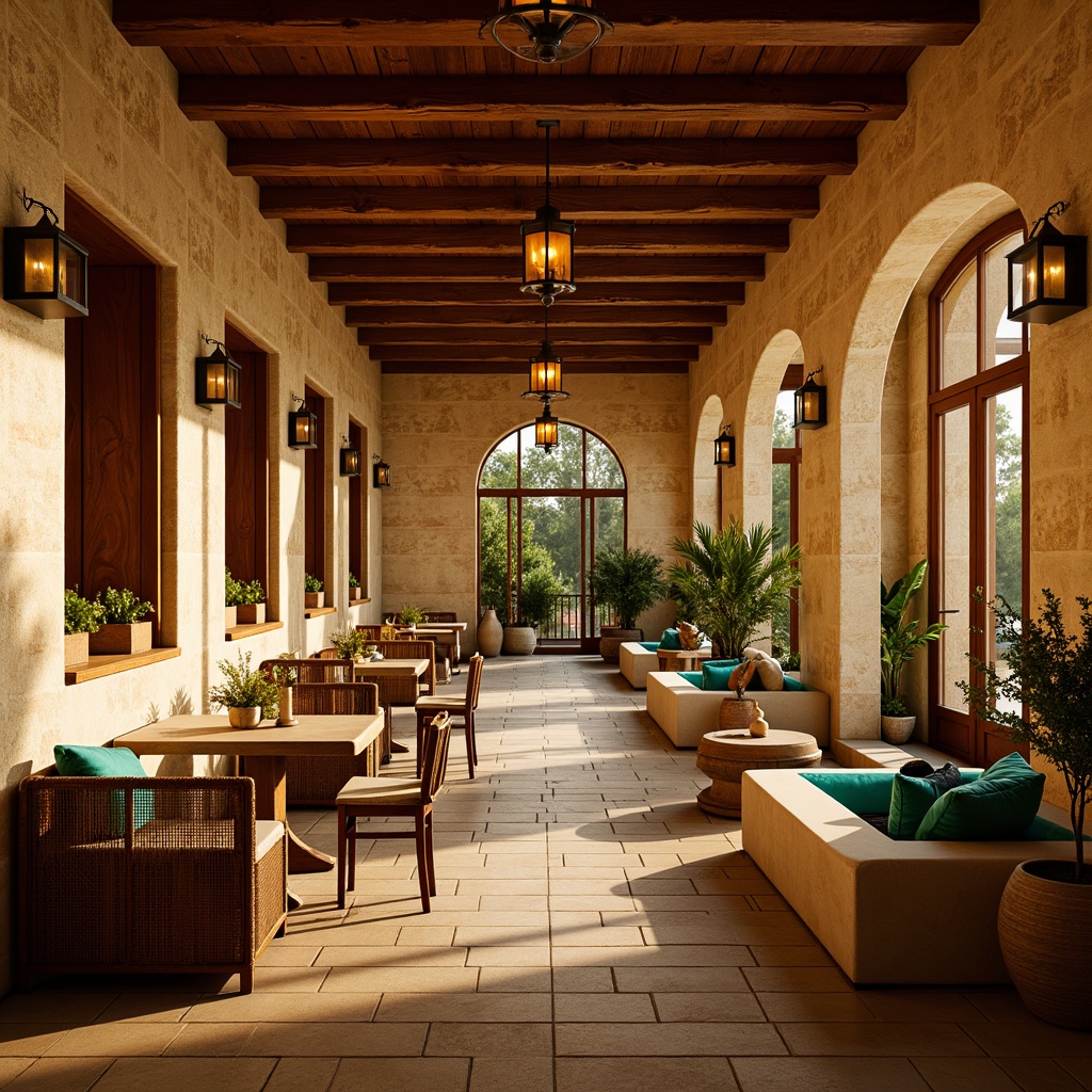 Prompt: Warm Mediterranean ambiance, soft golden lighting, warm beige tones, ornate metal lanterns, rustic wooden beams, natural stone walls, arched windows, vibrant turquoise accents, cozy nooks, intimate seating areas, candlelit tables, ambient warm glow, gentle shadows, 1/2 composition, shallow depth of field, realistic textures, warm color palette.