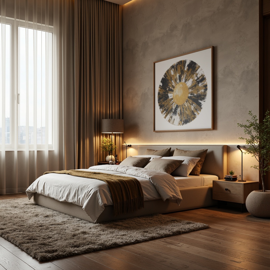 Prompt: Modern bedroom setting, plush area rug, soft warm lighting, minimalist furniture, low-profile bed frame, upholstered headboard, abstract patterned bedding, velvet throw pillows, linen drapes, sheer curtains, natural fabric textures, earthy color palette, neutral tones, calming ambiance, 1/1 composition, shallow depth of field, realistic render.