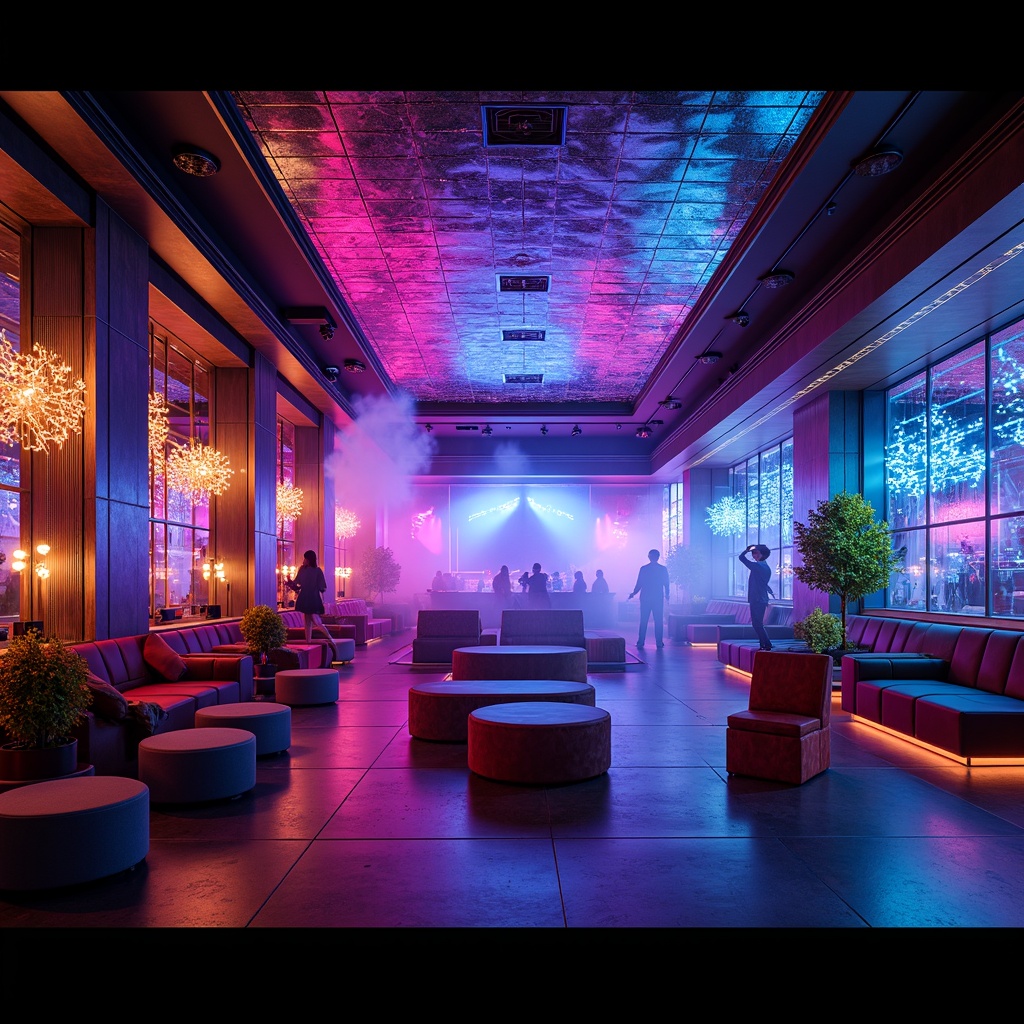 Prompt: Vibrant nightclub interior, neon lights, strobe effects, DJ booth, dance floor, mirrored ceilings, dark wood accents, luxurious velvet sofas, metallic silver walls, LED light installations, fog machines, high-energy atmosphere, bold color contrasts, electric blue hues, hot pink accents, deep purple tones, warm golden lighting, 1/1 composition, dramatic shadows, realistic reflections, ambient occlusion.