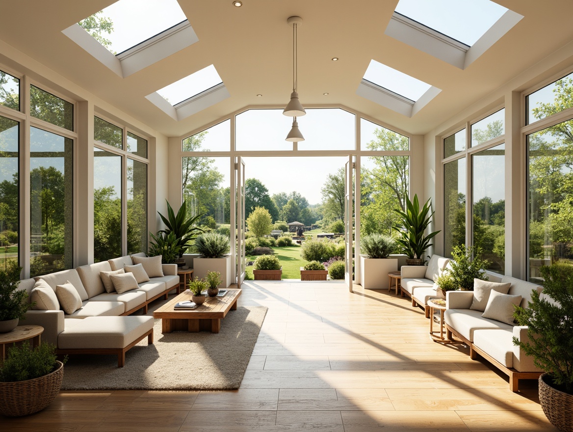 Prompt: Vibrant sunroom interior, abundant natural light, floor-to-ceiling windows, sliding glass doors, skylights, clerestory windows, reflective white walls, polished wooden floors, minimalist decor, lush greenery, potted plants, warm beige tones, soft cushioned furniture, comfortable reading nooks, panoramic outdoor views, sunny day, gentle warm lighting, shallow depth of field, 1/1 composition, realistic textures, ambient occlusion.