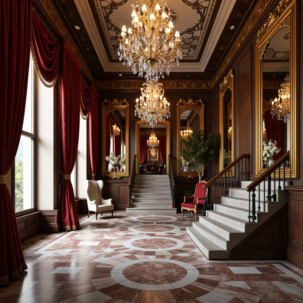 Prompt: Luxurious velvet drapes, gilded ornate mirrors, intricate wooden carvings, lavish crystal chandeliers, richly patterned marble floors, grandiose staircase, opulent furniture upholstery, regal throne-like chairs, ornate metalwork, Baroque-style plaster ceiling, dramatic archways, warm golden lighting, soft focus, 1/1 composition, realistic textures, ambient occlusion.