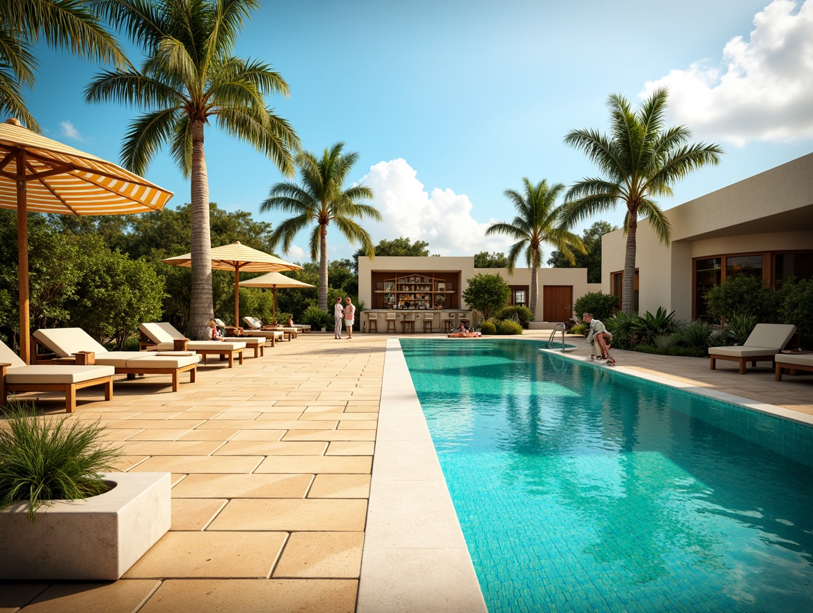 Prompt: Vibrant turquoise water, sun-kissed deck, warm beige stone pavers, lush greenery, tropical palm trees, colorful outdoor furniture, striped umbrellas, refreshing poolside bar, crystal clear glass tiles, modern minimalist architecture, soft warm lighting, shallow depth of field, 3/4 composition, panoramic view, realistic textures, ambient occlusion.