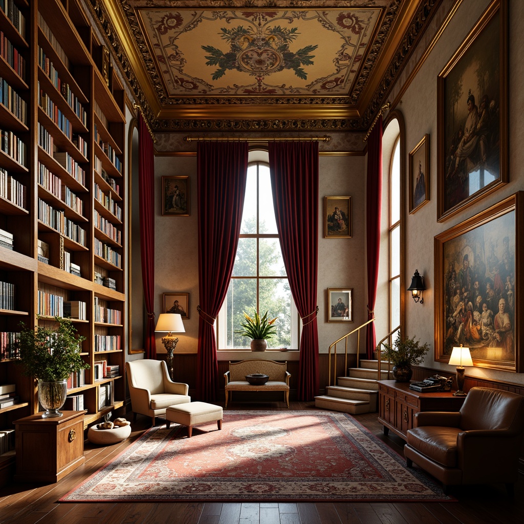 Prompt: Elegant bookshelves, intricately carved wooden panels, ornate gilded frames, lavish velvet drapes, richly patterned rugs, warm golden lighting, tall arched windows, classical architectural elements, grandiose staircases, luxurious leather armchairs, ornamental lanterns, distressed stone walls, vintage typewriters, antique book bindings, Renaissance-inspired frescoes, soft focus, shallow depth of field, 2/3 composition, warm color palette.