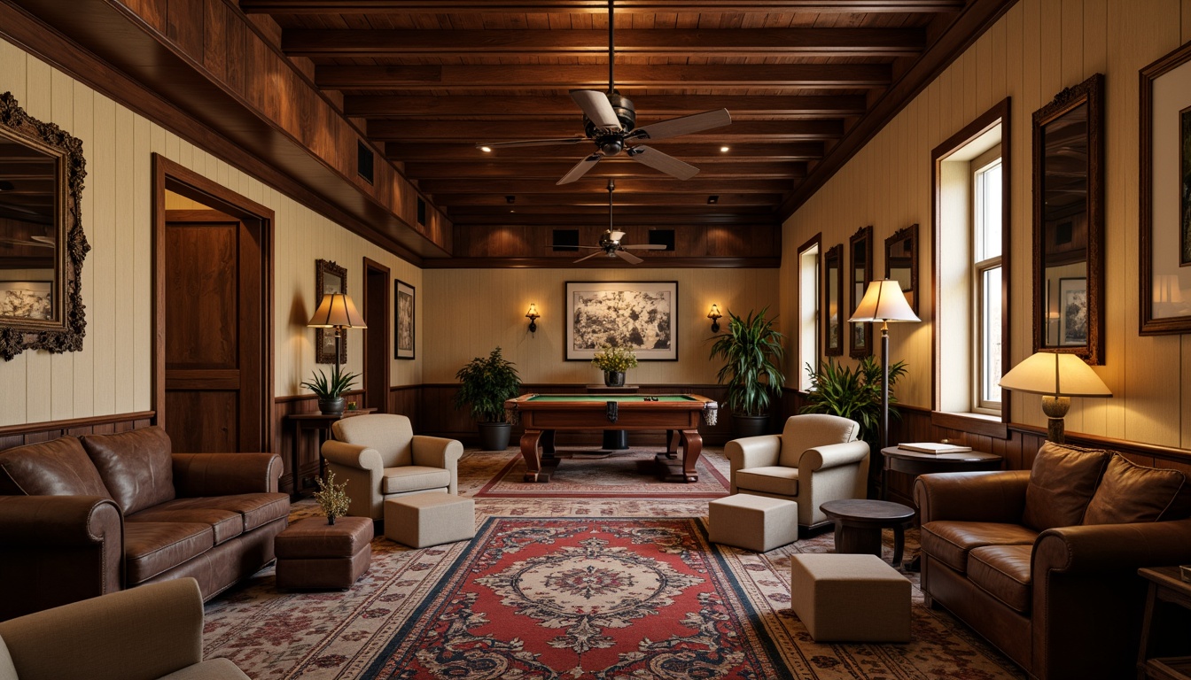 Prompt: Rustic game room, wooden paneling, vintage furniture, plush armchairs, leather sofas, wooden coffee tables, ornate mirrors, classic lamps, traditional rug patterns, warm beige walls, rich wood tones, cozy atmosphere, soft warm lighting, shallow depth of field, 1/1 composition, realistic textures, ambient occlusion.