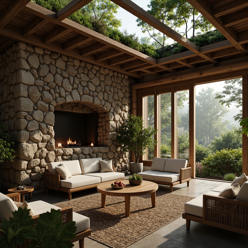 Prompt: Earthy cabin, reclaimed wood accents, natural stone walls, living roof with lush greenery, wooden beam ceilings, earthy color palette, cozy fireplace, organic shapes, woven textiles, rattan furniture, ambient soft lighting, misty morning atmosphere, shallow depth of field, 1/1 composition, warm neutral tones, realistic textures.