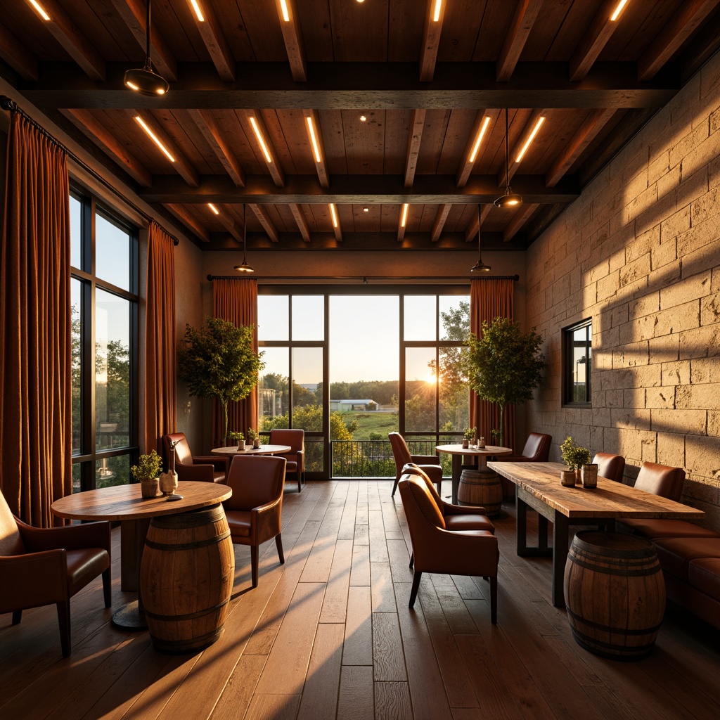 Prompt: Warm winery ambiance, rustic wooden accents, industrial metal beams, earthy stone walls, luxurious velvet drapes, dimmable pendant lights, LED strip lighting, warm white tones, soft shadows, cozy corners, wine barrel tables, leather-bound chairs, modern minimalist decor, sleek steel fixtures, natural wood flooring, large windows, vineyard views, sunset ambiance, golden hour lighting, shallow depth of field, 1/2 composition, realistic textures, ambient occlusion.