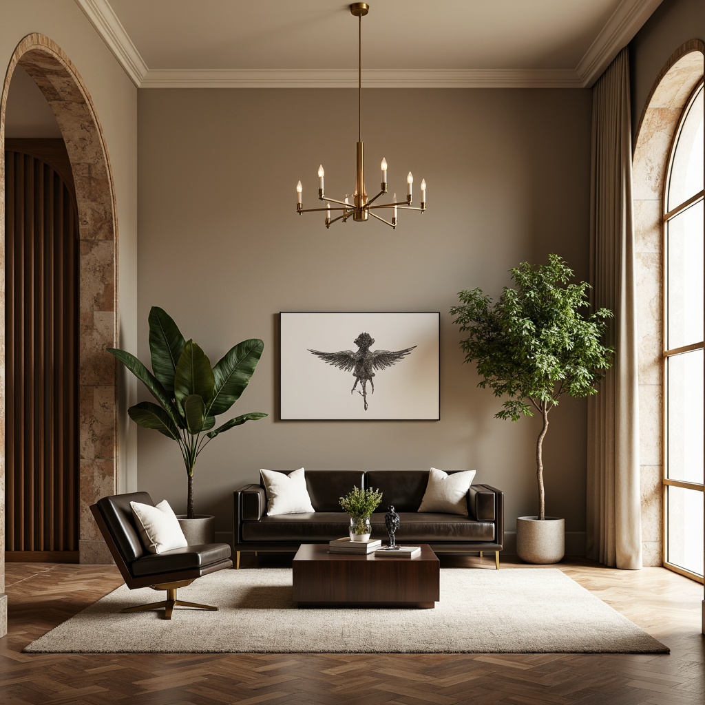 Prompt: Warm beige walls, rich wood tones, soft sage accents, creamy whites, dark espresso furniture, metallic gold hardware, natural stone flooring, plush area rugs, elegant drapery, sophisticated chandeliers, warm ambient lighting, shallow depth of field, 2/3 composition, harmonious color balance, realistic textures, subtle shadows.