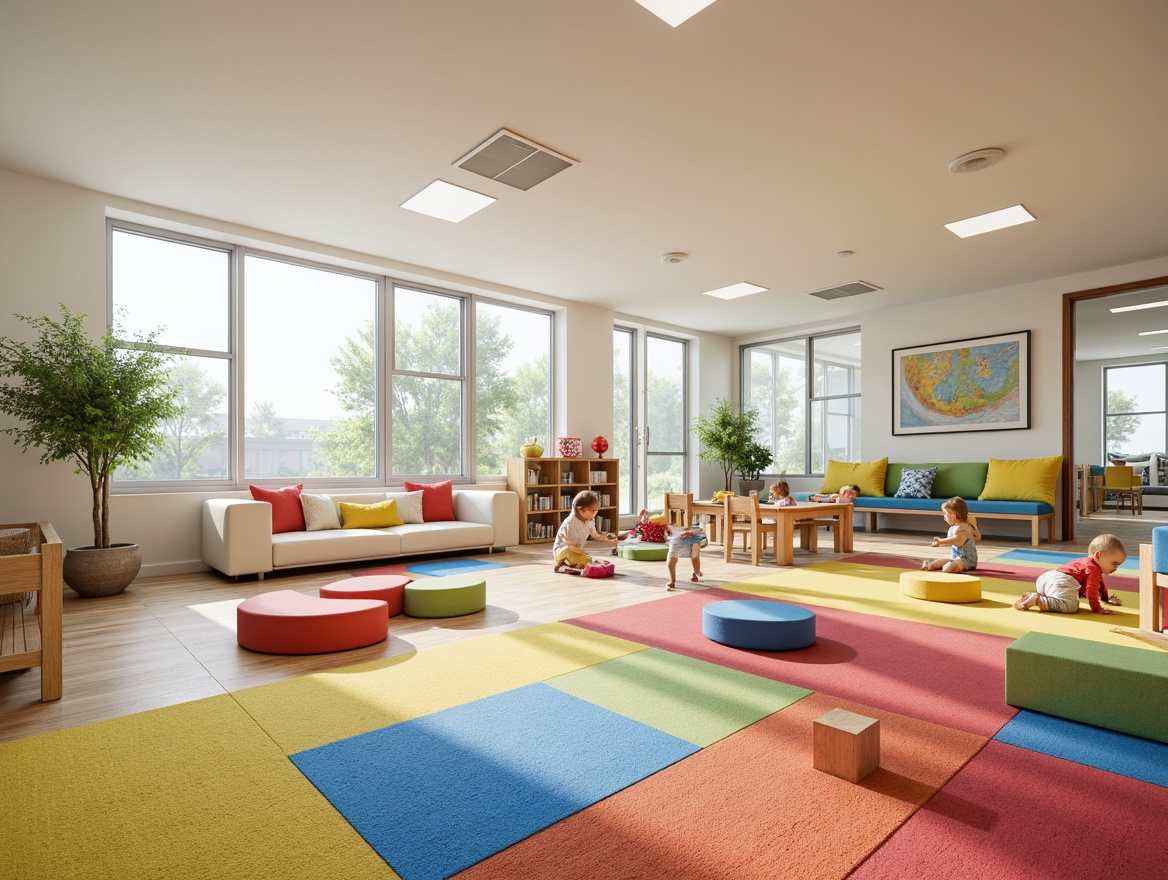 Prompt: Vibrant playroom, soft plush carpet, bright colored tiles, sturdy wooden floors, fun educational patterns, interactive play mats, cushioned foam flooring, safe and durable materials, comfortable seating areas, cozy reading nooks, natural light exposure, airy ventilation systems, minimalist decor, easy cleaning maintenance, kid-friendly textures, playful color schemes, stimulating wall decals, whimsical furniture designs.