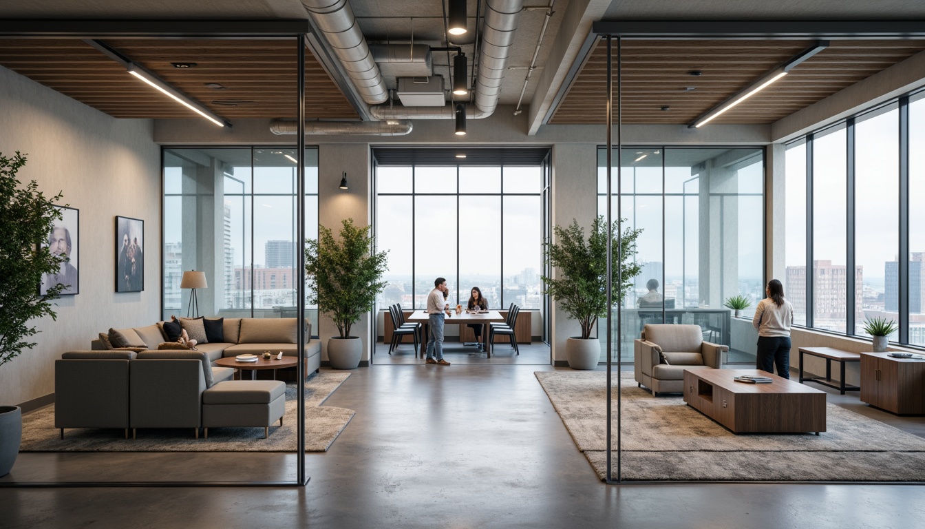 Prompt: Modern office space, sleek glass partitions, minimalist design, metallic frames, transparent walls, open floor plan, collaborative work areas, ergonomic furniture, subtle color scheme, indirect lighting, 3/4 composition, shallow depth of field, natural textiles, polished concrete floors, urban cityscape views, cloudy day, soft warm lighting.